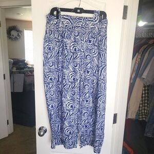 Blue and White Patterned Women's Pull On Pants With Tie Front. 3X NWT